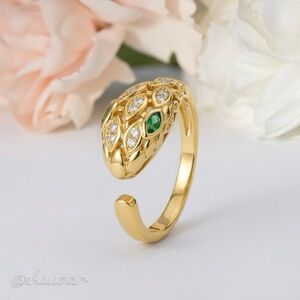 14K Gold Plated Emerald CZ Snake Serpent Adjustable Ring Luxury